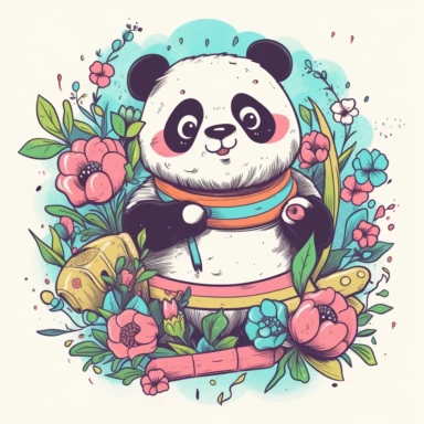 a happy panda with a bamboo shoot and a martial arts belt, depicted in a whimsical, surrounded by colorful flowers and butterflies. The mood of the artwork is cheerful and playful, with a soft pastel color palette. The lighting style is bright and sunny, evoking a warm and inviting feeling. clipart design graphic, vector, contour, super cute, isolated white background, high quality, 2d, flat