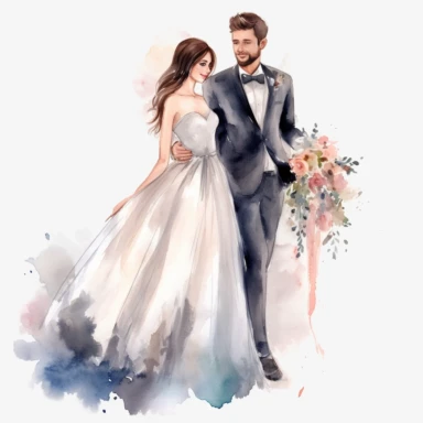 realistic just married couple watercolor clipart single design, 8k