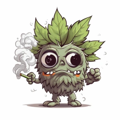 Clipart Stoned cartoon marijuana Leaf Character with red eyes and a rolled smoke in one of its hands