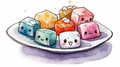 Watercolor clipart with white background, cute sugar cubes on a small plate , cute and adorable, flat design, clearly defined separated image, high quality