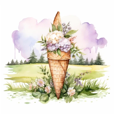 an ice cream in a field, boho, watercolor clipart, digital clipart, white background