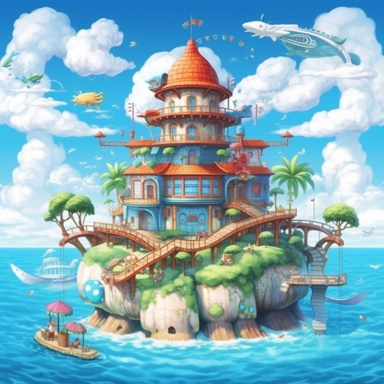 /v5_upscale, bright day, island in the blue sea house with pam clipart, high detail, spaced outultra scale, detailed, extremely bright, charming, stunning, extremely detailed, miracle, amazing, mercury clouds illumination, light background, vitamins, with holographic , dragon ball Jin the Turtle Master Roshi, anime legends