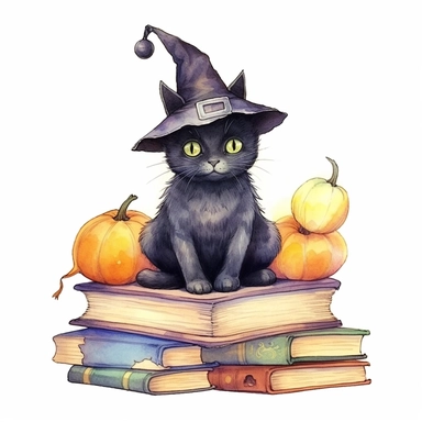 Halloween, cute little kawaii black cat in witch hat sitting near old magic books, isolated on a white background watercolor, unique, intricate detail , style by Lucy Fleming, watercolor, smooth gradients, black contour outline, ultra detailed, clipart elements, delicate pastel colors, solid white background, super clear, high quality