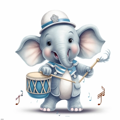 cute baby elephant as a marching band drummer, nursery wallpaper clipart
