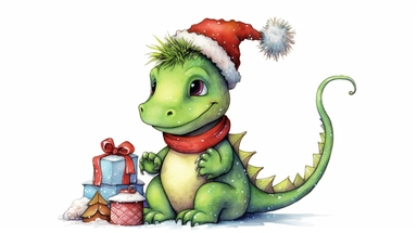Cute funny avocado green dragon, christmas tree with toys, red cardigan, snow, winter, style by Lusy Fleming, folk art, watercolor, clipart elements, smooth gradients, black contour outline, ultra detailed, white background, super clear :