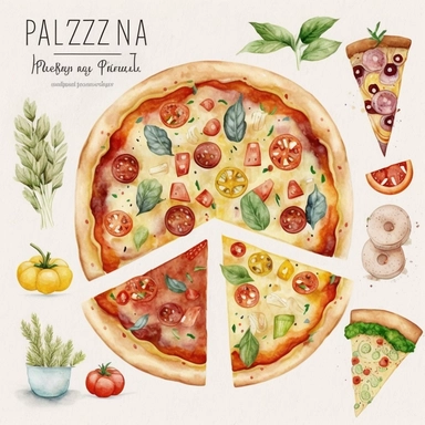 Watercolor Pizza Clipart Download - Dinner Graphics Set - Party Food - Pizza Night - Pizza Slice - Toppings - Cheese - Bell Pepper - Olives - Sausage - Mushroom - Pepperoni - Onion - Bacon - Ham - Chicken - Bunting