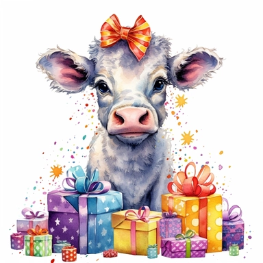 please create watercolor clipart of a baby cow, smiling, wearing party clothes with birthday presents, vibrant colors, intricate details, isolated on white background, vivid colors, hdr, 8k