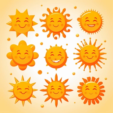 beautiful smiling sun symbols in bright orange and gold, white background, vector-style, clipart collection