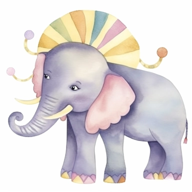 One cute decorated circus elephant clipart, style as seen on Etsy. Cartoonish appearance with exaggerated body proportions, but atomically correct limb positions and number. Elephant is lying down, with legs tucked under his body, trunk curled arround. Perfect for decorating a baby's nursery. Varied bright pastel watercolors, loose, gestural brush strokes. Dreamy, ethereal, lively, playful. Lots of cute details, such as stars, clouds, flowers, hearts and balloons. Decorative patterns, like polka