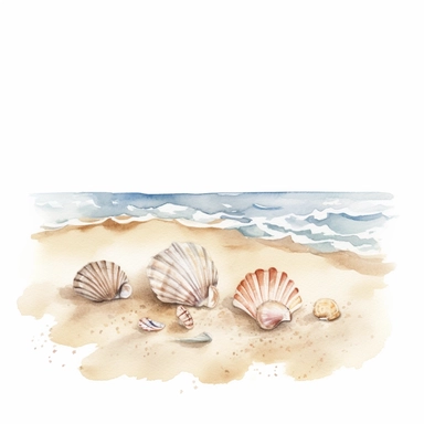 Watercolor A sandy beach with gentle waves and seashells clipart, Minimalist, isolated white background, 8k