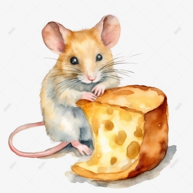 clip art ,mouse eating a wheel of cheese,watercolor no background