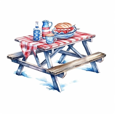 Patriotic wooden picnic table with red white blue decorations, watercolor, 4th of July, detailed, 32k, isolated on a white background, clipart