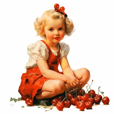 adorable little vintage girl sitting on a big bunch of glossy ripe cherries, face looking straight, full body, clipart style, accurate details, oil painting technique, super high quality, professional watercolor clipart, high resolution
