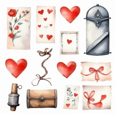 Set of love envelopes (opened and closed), I love you words, blank notebook paper sheet, red heart, cupid arrow. Handdrawn water color painted clip art, Saint Valentine's Day decoration and symbols.