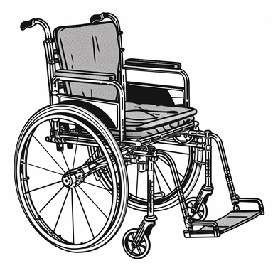 This black and white clipart features a simple yet detailed image of a wheelchair. The wheelchair is shown from a side view, with the frame, wheels, and footrests all visible. The lines used in the image are clean and precise, giving it a professional and polished look. This clipart is perfect for use in informational materials or educational resources about mobility and accessibility.