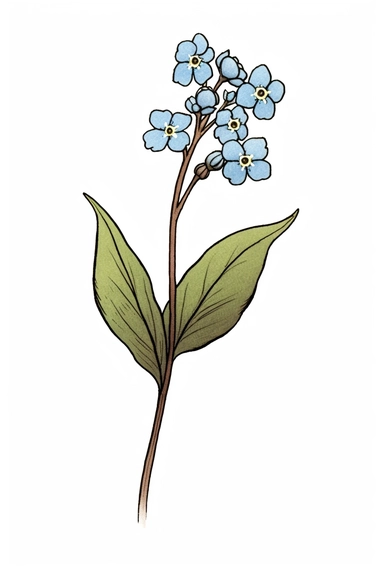 line drawing clipart of a single forget me not in black and white, coloured in