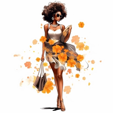 Ne beautiful african american women, afro, one flower in hair, clipart, fashion, full body, heels, pantss, skirts, , necklace, shirt, handbag, boss
