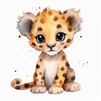 a cute baby leopard with kind eyes clipart with watercolor illustration,full body shot,8k,etsy style, white background