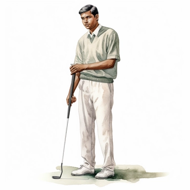 Idyllic watercolor clipart of a young Indian modern male golfer with dark hair in white close fitting sports golf clothes standing straight ready to use the putting club on the putting green, isolated on a pure white background, insane detail,