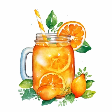 orange fruit juice drink watercolor clipart, white background