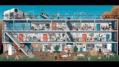 illustrated creative design university space, lots of people are working, hidden object, funny, minimalistic, vector clipart, 8k, high detail