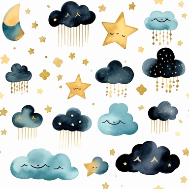 Draw a watercolor-style clip art images that feature objects related to an aesthetic adorned with floral starts glitters and clouds nighttime nursery kids design bedding time designs. The images should have aesthetic, and should incorporate elements such as watercolor [gold] whimsical and cute illustration in watercolor of stars glitters clouds kawaii, sweet dreams , nursery design with black ornaments on the body, in a Scandinavian folk art style with botanical and swirl motifs. light pink gold