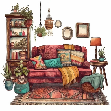 cozy liveroom boho, object, inside border, clipart