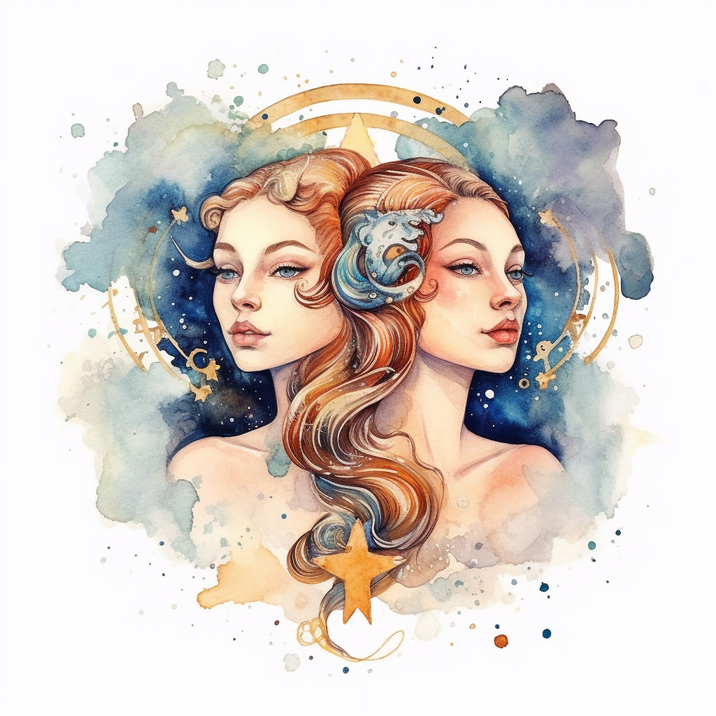 gemini zodiac sign, goddess women, realistic watercolor style art ...