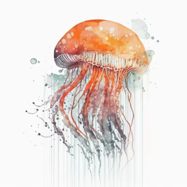 red orange watercolor style jellyfish in ocean clipart, white background, no text, for childrens reading book