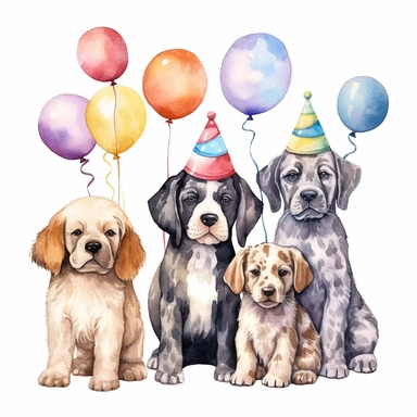 watercolour clipart of a boxer puppy, a cockerspaniel, a labrador, an old english sheepdog, a bulldog and a daschund all wearing party hats with balloons