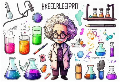 simpel set of laboratory clipart, watercolor style, albert Einstein, black outlines, strong colors, for childrenbook, white background, 16k,