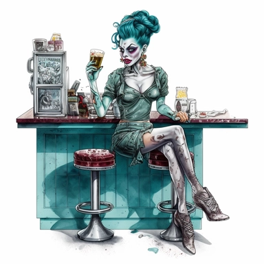 hand drawn pin up teal zombie woman, sitting on a stool in a 50’s diner, at the counter, mini juke box on counter with zombie food, shades of teal and burgundy, goth, glamorous, Halloween, very detailed and realistic, watercolor, clear white background with margins, clipart style