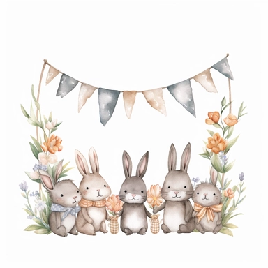 Create a delightful clip art scene featuring a white background with a watercolor grey and light brown hanging banner of leaves and flowers. Sitting on the ground is a group of illustrated rabbits, having a party and smiling. The scene is filled with grey leaves, rendered in a gentle watercolor style that evokes a sense of whimsy and childlike wonder. The overall effect is one of joy and happiness, perfect for use in a nursery.