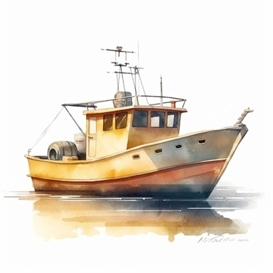 small fishing boat clipart, watercolor illustration, simple, clean, peaceful fishing, ultra-realistic, isolated on the white background, golden hour, translucent, very detailed, hd