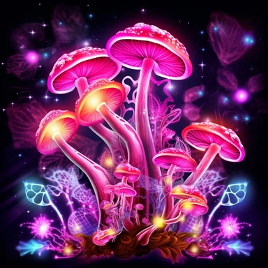 Pink High-Resolution magic Mushrooms, Fantasy clipart, neon lights, roses, lotuses , clear patterns with high colour variation, leafs, hearts, stars shining , light green colour, fancy colours, mushroom grown by queen