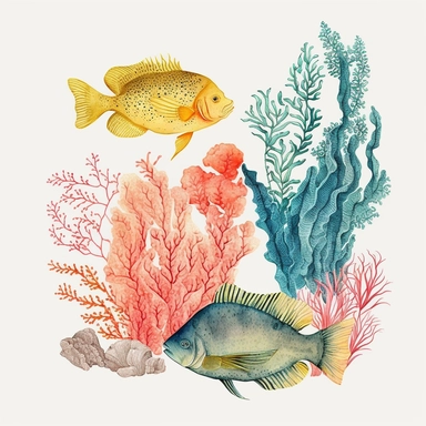 vintage colorful watercolor coral reef clipart of red lobster and yellow flounder transparent background