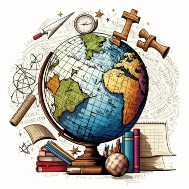 math problems, globe, map, compass, books, science, clip art, hand drawn, fun, white background--ar 16:9