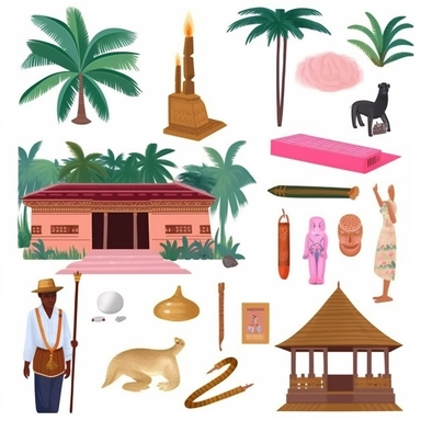 a set of clipart inspired by Wes Anderson and Raiders of the Lost Ark and colonialism and stolen cultural relics and 1980s action figures