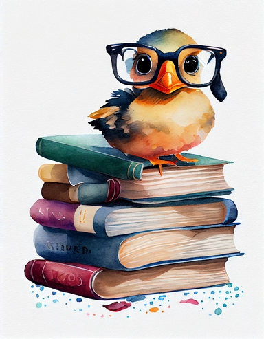 detailed watercolor kawaii duck with eyeglasses and pile of books beside it, facing front, isolated on a white background, clipart