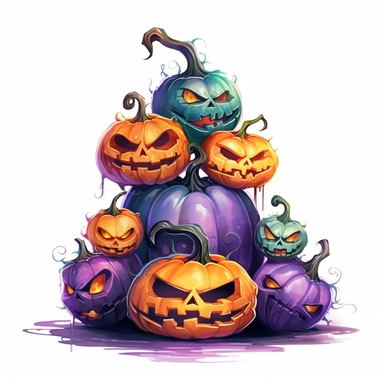 hand drawn Halloween pumpkins with carved faces that are glowing, sitting together at various sizes and heights,Halloween, purple orange and green shades, fantasy, glamorous, clipart style, detailed and realistic, watercolor, white background with margins