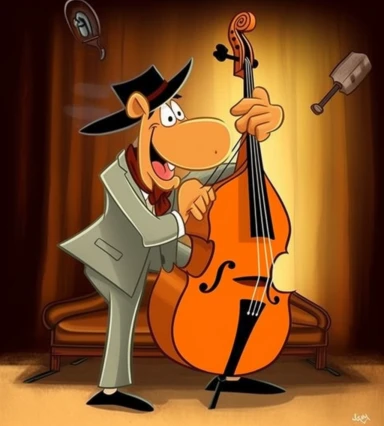 a cartoon dog playing a musical instrument, a cartoon, by Tex Avery, tumblr, pop art, !!!anthropomorphic!!!, double bass, ???☺???, gangster, clipart, matthew stewart, great pinterest photo, tv show, photo shoot, hanna barbera style, hot hot hot, performance, strings
