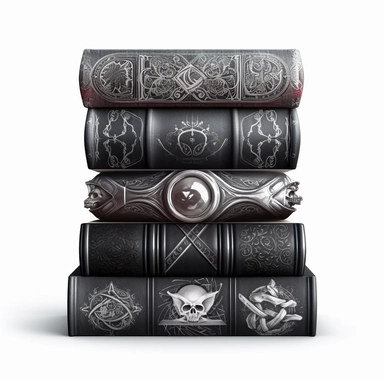 Create an impressive clipart of a clean, dark wizard's book stack on a pure white background. The design should incorporate elements of the gothic and fantasy genres, with dark hues and ornate designs on the books' spines. The lighting should be moody and shadowy, with a focus on the intricate details of the books' covers. The book stack should be perfectly symmetrical to create a sense of order and balance. Use a macro lens to capture the intricate details of the books' designs and play with th