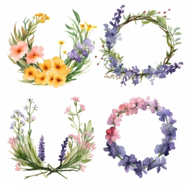 A charming and exquisite set of watercolor wildflower floral botanical wreaths for clipart, composed of beautifully hand-painted wildflowers in vibrant, yet soothing colors. The artist arranges the wildflowers, including lavender, buttercups, and wild roses, into graceful, circular designs that evoke a sense of serenity and natural beauty. Each wreath displays the artist's mastery of the watercolor medium, with intricate detailing on the delicate petals, leaves, and stems. These lovely wreaths a