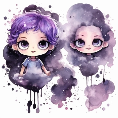watercolor funny create kawaii marbled black ,silver, purple chibi school spirit clipart, isolated on white background,space out--ar3:2--s1000