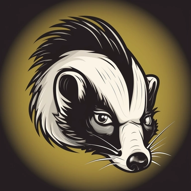 a vector style clip art badge mascot logo of a skunk : bold outlines : evil eyes : black outlines : bold , adobe illustrator style, vector style t-shirt graphic : solid color background
