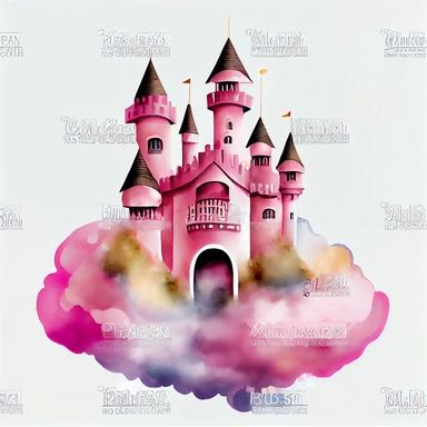 A Pink Fairy Tale Castle on cloud dream illustration, Watercolor clipart, details