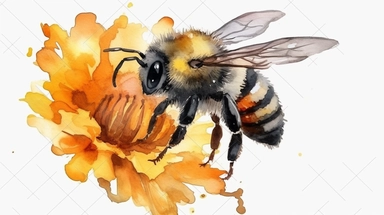 watercolor painting clipart, a flying bee on flower, on white background, by Studio Ghibli, full colour, masked edge, high resolution