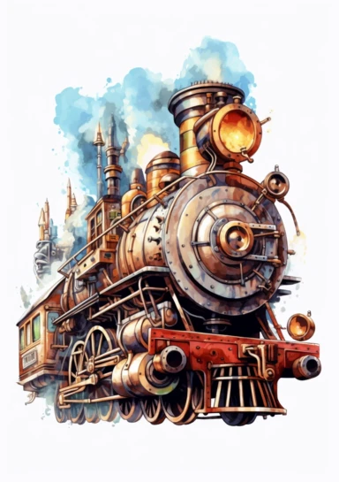 Locomotive Steampunk, big beautiful locomotive, bursting with steam, Steampunk Clipart, Retro Futuristic, Victorian Era Art Print, colorful, details, high quality 8K, white background