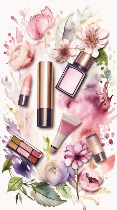 dreamy pastel watercolor illustration. clipart. different shape of luxurious cosmetic products randomly placed on a white soft background. flowers. roots. sophisticated. made entirely out of different types of flowers and luxurious cosmetic products standing tall against a white background. The image is designed as a poster. perfect for printing and sharing with friends and family. knolling
