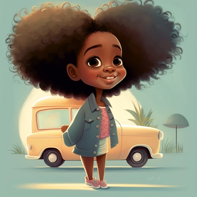 pixar illustration of african american girl driving in suv in Sag Harbor town , An illustration of five year old light skin happy black girl with curly afro, driving in sag harbor ,standing in from of traditional home,from the community's stunning Sunset Beach, east hampton , summer vaction, beach town , summer days , muted tones , shy warm heart , pixar , hyper detailed , smooth skin realistic animated — Happy Black Girl Smiling art,black girlsclipart, Funny black girl , Cheerful african americ